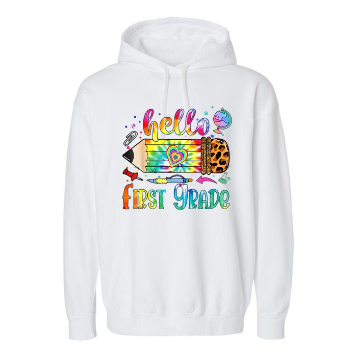 Hello 1st Grade Leopard Pencil Tie Dye Funny Back To School Garment-Dyed Fleece Hoodie