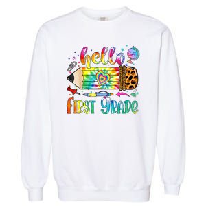 Hello 1st Grade Leopard Pencil Tie Dye Funny Back To School Garment-Dyed Sweatshirt