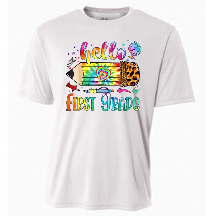 Hello 1st Grade Leopard Pencil Tie Dye Funny Back To School Cooling Performance Crew T-Shirt