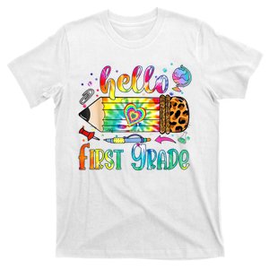 Hello 1st Grade Leopard Pencil Tie Dye Funny Back To School T-Shirt