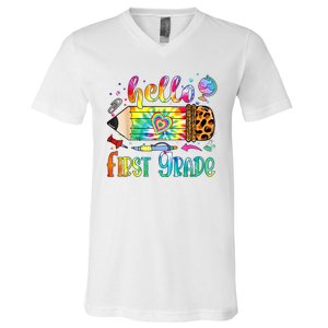 Hello 1st Grade Leopard Pencil Tie Dye Funny Back To School V-Neck T-Shirt