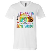 Hello 1st Grade Leopard Pencil Tie Dye Funny Back To School V-Neck T-Shirt