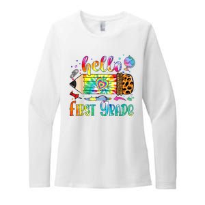 Hello 1st Grade Leopard Pencil Tie Dye Funny Back To School Womens CVC Long Sleeve Shirt