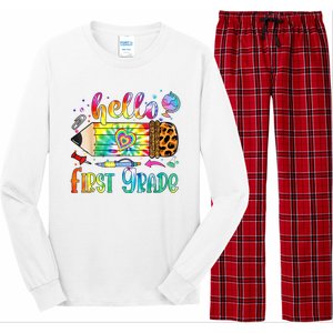 Hello 1st Grade Leopard Pencil Tie Dye Funny Back To School Long Sleeve Pajama Set