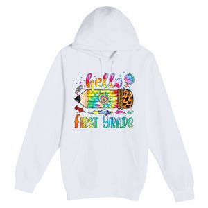 Hello 1st Grade Leopard Pencil Tie Dye Funny Back To School Premium Pullover Hoodie