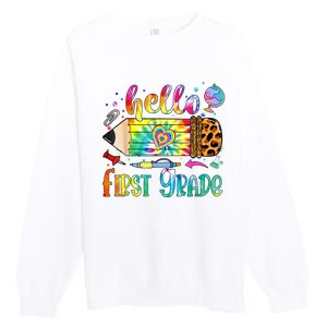 Hello 1st Grade Leopard Pencil Tie Dye Funny Back To School Premium Crewneck Sweatshirt