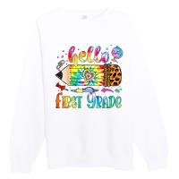 Hello 1st Grade Leopard Pencil Tie Dye Funny Back To School Premium Crewneck Sweatshirt