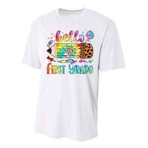 Hello 1st Grade Leopard Pencil Tie Dye Funny Back To School Performance Sprint T-Shirt