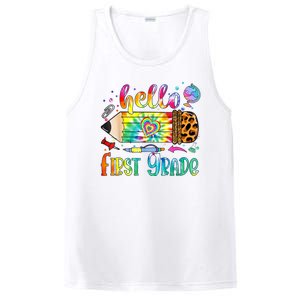 Hello 1st Grade Leopard Pencil Tie Dye Funny Back To School PosiCharge Competitor Tank