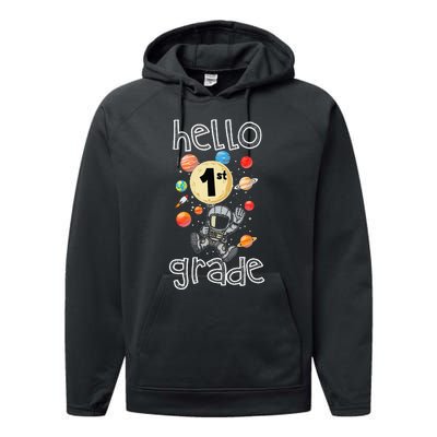 Hello 1st Grade Back To School Space Theme First Grade Performance Fleece Hoodie