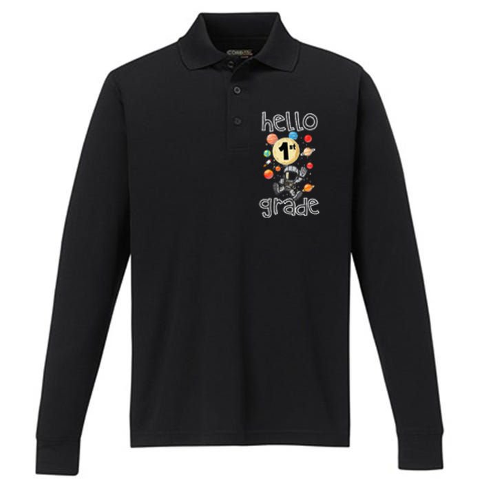 Hello 1st Grade Back To School Space Theme First Grade Performance Long Sleeve Polo