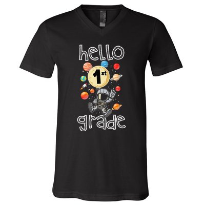 Hello 1st Grade Back To School Space Theme First Grade V-Neck T-Shirt