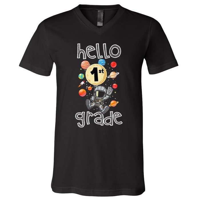 Hello 1st Grade Back To School Space Theme First Grade V-Neck T-Shirt