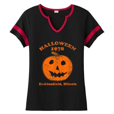 Halloween 1978 Holiday SpookyMyers Pumpkin Haddonfield Ladies Halftime Notch Neck Tee