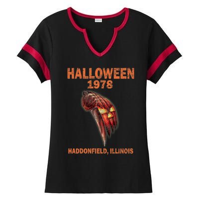 Halloween 1978 Holiday Spooky Gift Myers Pumpkin Haddonfield Ladies Halftime Notch Neck Tee