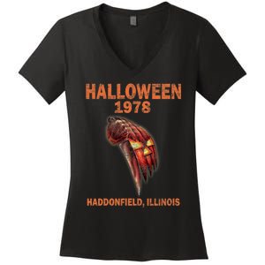 Halloween 1978 Holiday Spooky Gift Myers Pumpkin Haddonfield Women's V-Neck T-Shirt