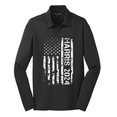 Harris 2024 American Flag Vintage Election President 2024 Silk Touch Performance Long Sleeve Polo