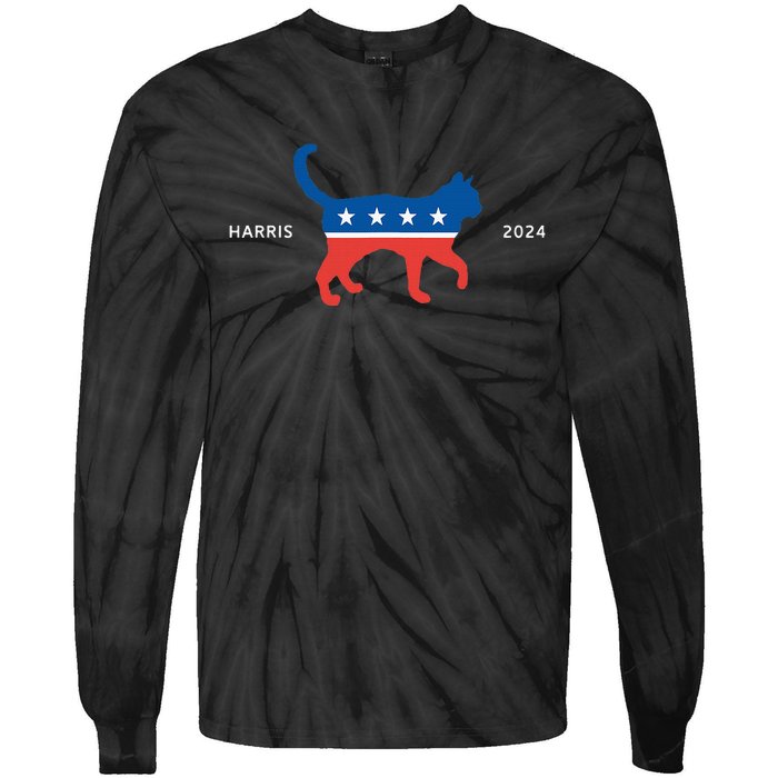 Harris 2024 Democrat Cat Vote For Kamala Walz Election Tie-Dye Long Sleeve Shirt