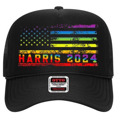 Harris 2024 For President Lgbt Flag High Crown Mesh Back Trucker Hat