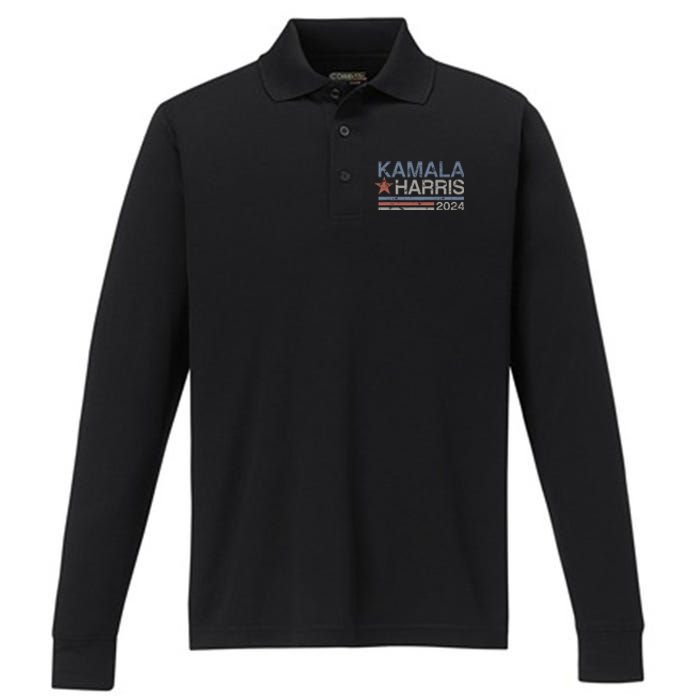 Harris 2024 Grunge Retro Stripes Vintage Kamala Harris 2024 Performance Long Sleeve Polo