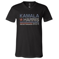 Harris 2024 Grunge Retro Stripes Vintage Kamala Harris 2024 V-Neck T-Shirt