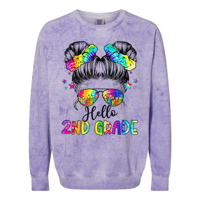 Hello 2nd Grade Messy Hair Bun Girl Back To School First Day Gift Colorblast Crewneck Sweatshirt