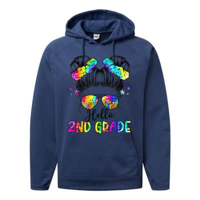 Hello 2nd Grade Messy Hair Bun Girl Back To School First Day Gift Performance Fleece Hoodie