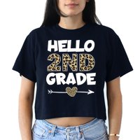 Hello 2nd Grade Leopard Print Second Grade Teacher Kids Gift Women's Crop Top Tee