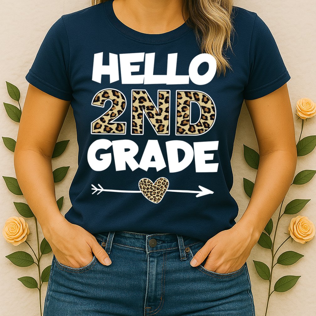 Hello 2nd Grade Leopard Print Second Grade Teacher Kids Gift Womens T-Shirt