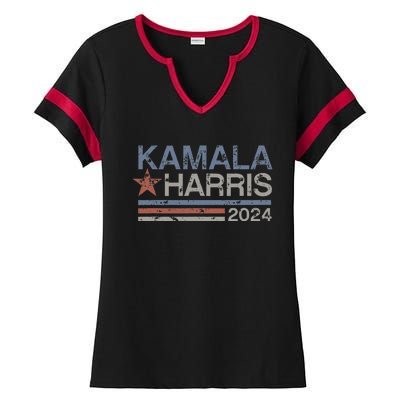 Harris 2024 Grunge Retro Stripes Vintage Kamala Harris 2024 Ladies Halftime Notch Neck Tee