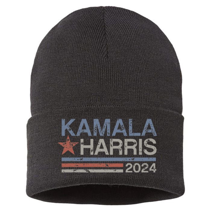 Harris 2024 Grunge Retro Stripes Vintage Kamala Harris 2024 Sustainable Knit Beanie