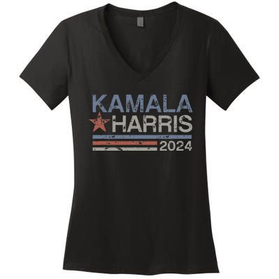 Harris 2024 Grunge Retro Stripes Vintage Kamala Harris 2024 Women's V-Neck T-Shirt