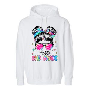 Hello 2nd Grade Messy Hair Bun Girl Back To School First Day Garment-Dyed Fleece Hoodie