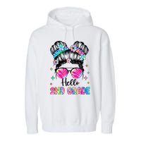 Hello 2nd Grade Messy Hair Bun Girl Back To School First Day Garment-Dyed Fleece Hoodie