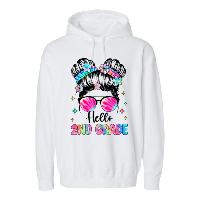 Hello 2nd Grade Messy Hair Bun Girl Back To School First Day Garment-Dyed Fleece Hoodie