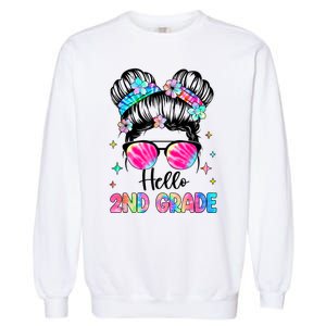 Hello 2nd Grade Messy Hair Bun Girl Back To School First Day Garment-Dyed Sweatshirt