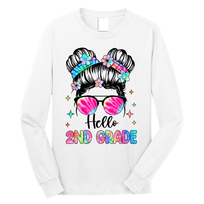 Hello 2nd Grade Messy Hair Bun Girl Back To School First Day Long Sleeve Shirt