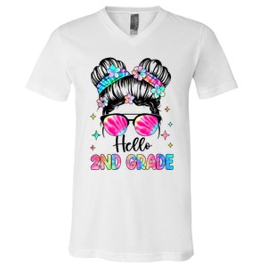 Hello 2nd Grade Messy Hair Bun Girl Back To School First Day V-Neck T-Shirt