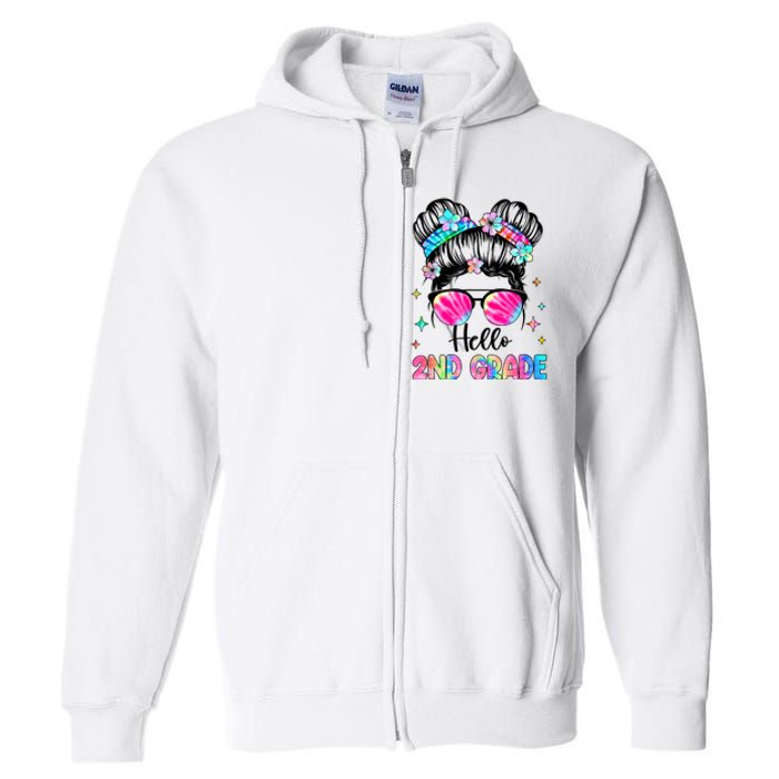 Hello 2nd Grade Messy Hair Bun Girl Back To School First Day Full Zip Hoodie