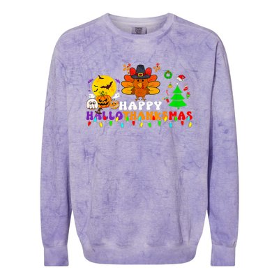 Hallothanksmas 2024 Halloween Merry Christmas Thanksgiving Colorblast Crewneck Sweatshirt