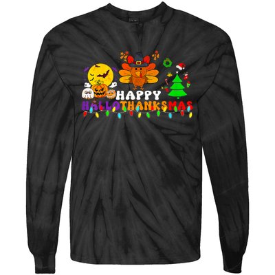 Hallothanksmas 2024 Halloween Merry Christmas Thanksgiving Tie-Dye Long Sleeve Shirt