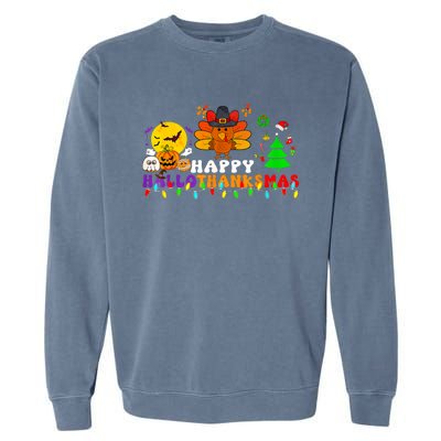 Hallothanksmas 2024 Halloween Merry Christmas Thanksgiving Garment-Dyed Sweatshirt