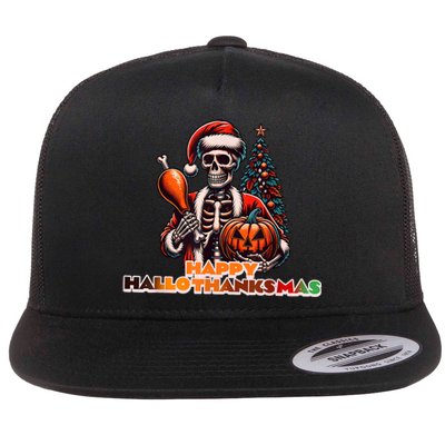 Hallothanksmas 2024 Halloween Merry Christmas Thanksgiving Flat Bill Trucker Hat