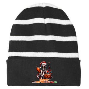 Hallothanksmas 2024 Halloween Merry Christmas Thanksgiving Striped Beanie with Solid Band