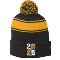 Hello 2025 New Year Front Back Design Stripe Pom Pom Beanie