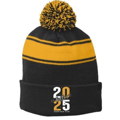 Hello 2025 New Year Front Back Design Stripe Pom Pom Beanie