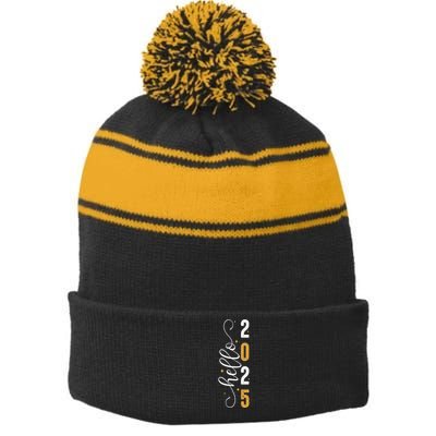 Hello 2025 New Year Front Back Design Stripe Pom Pom Beanie