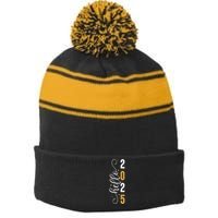 Hello 2025 New Year Front Back Design Stripe Pom Pom Beanie