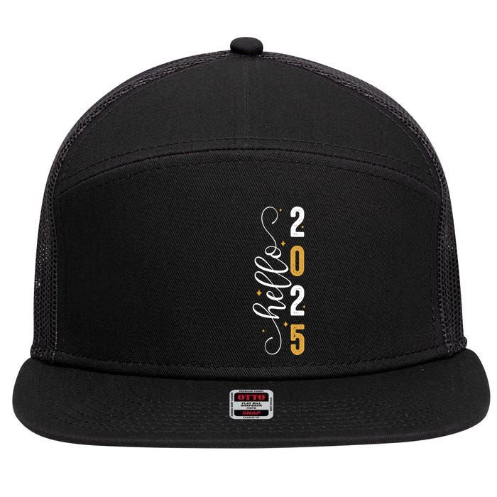 Hello 2025 New Year Front Back Design 7 Panel Mesh Trucker Snapback Hat