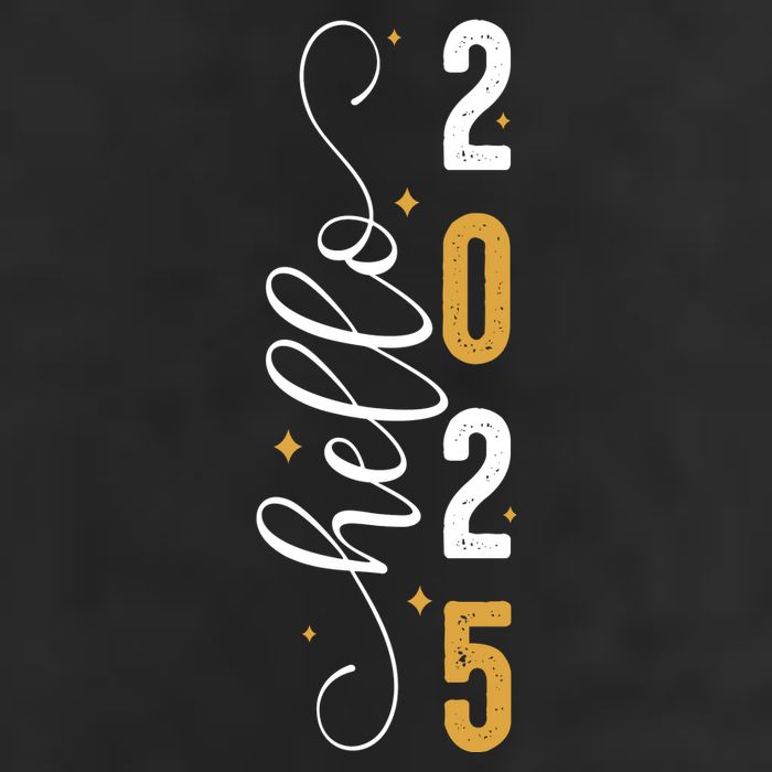 Hello 2025 New Year Front Back Design 7 Panel Mesh Trucker Snapback Hat